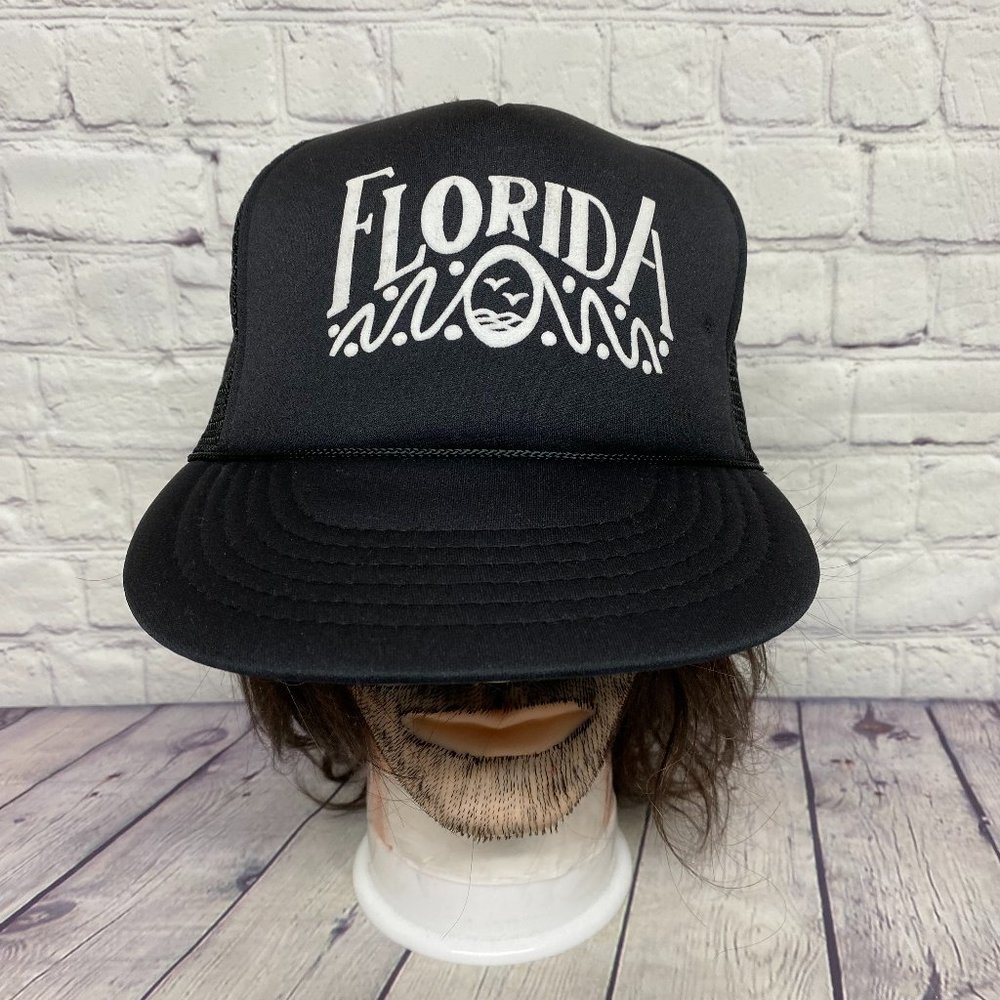 Vintage Trucker Hat Mesh Cap Snapback Black Florida Print Logo One Size Fits All